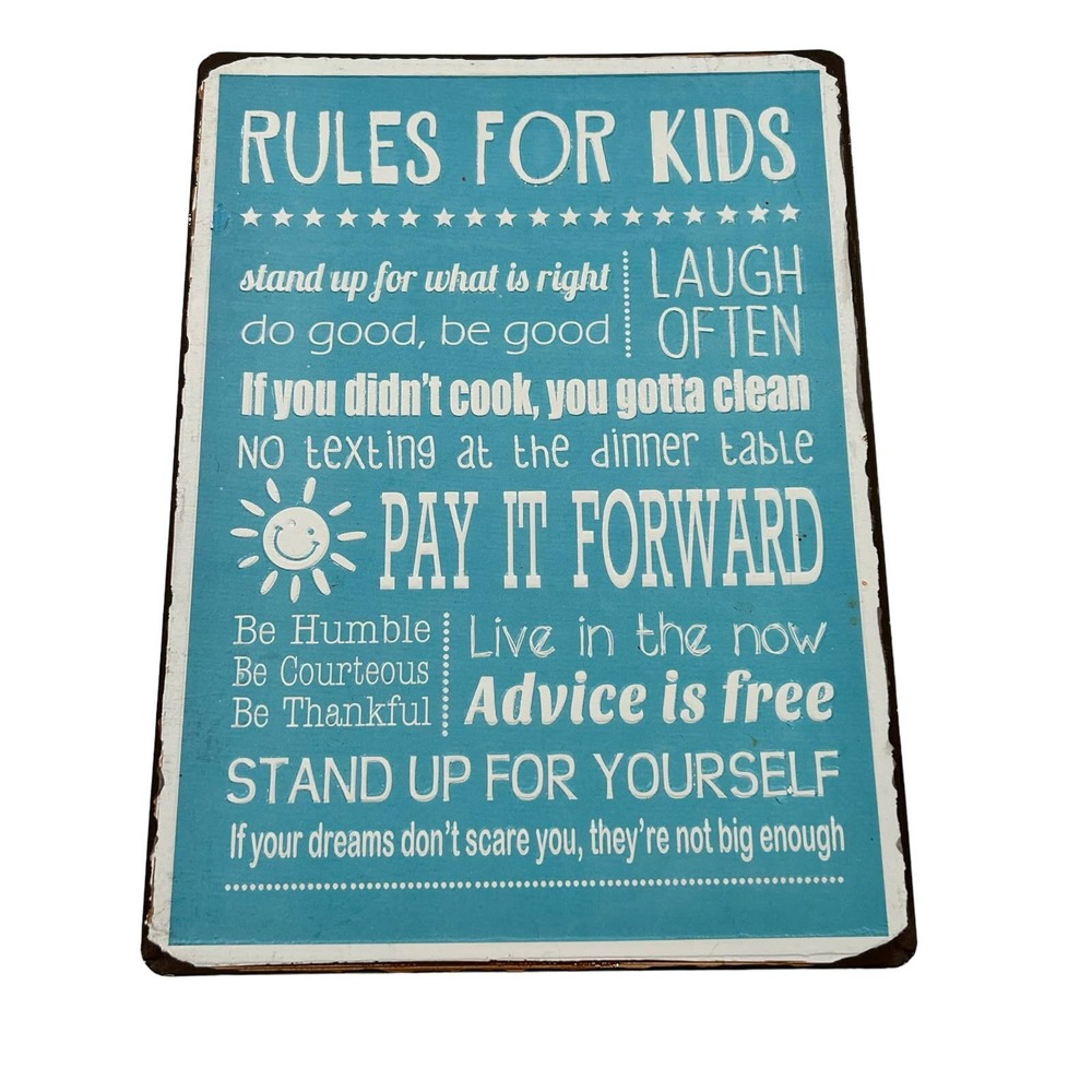 Rules for Kids Blue and White Metal Sign 10.25 x 13.75 Inch Fun Family Rules